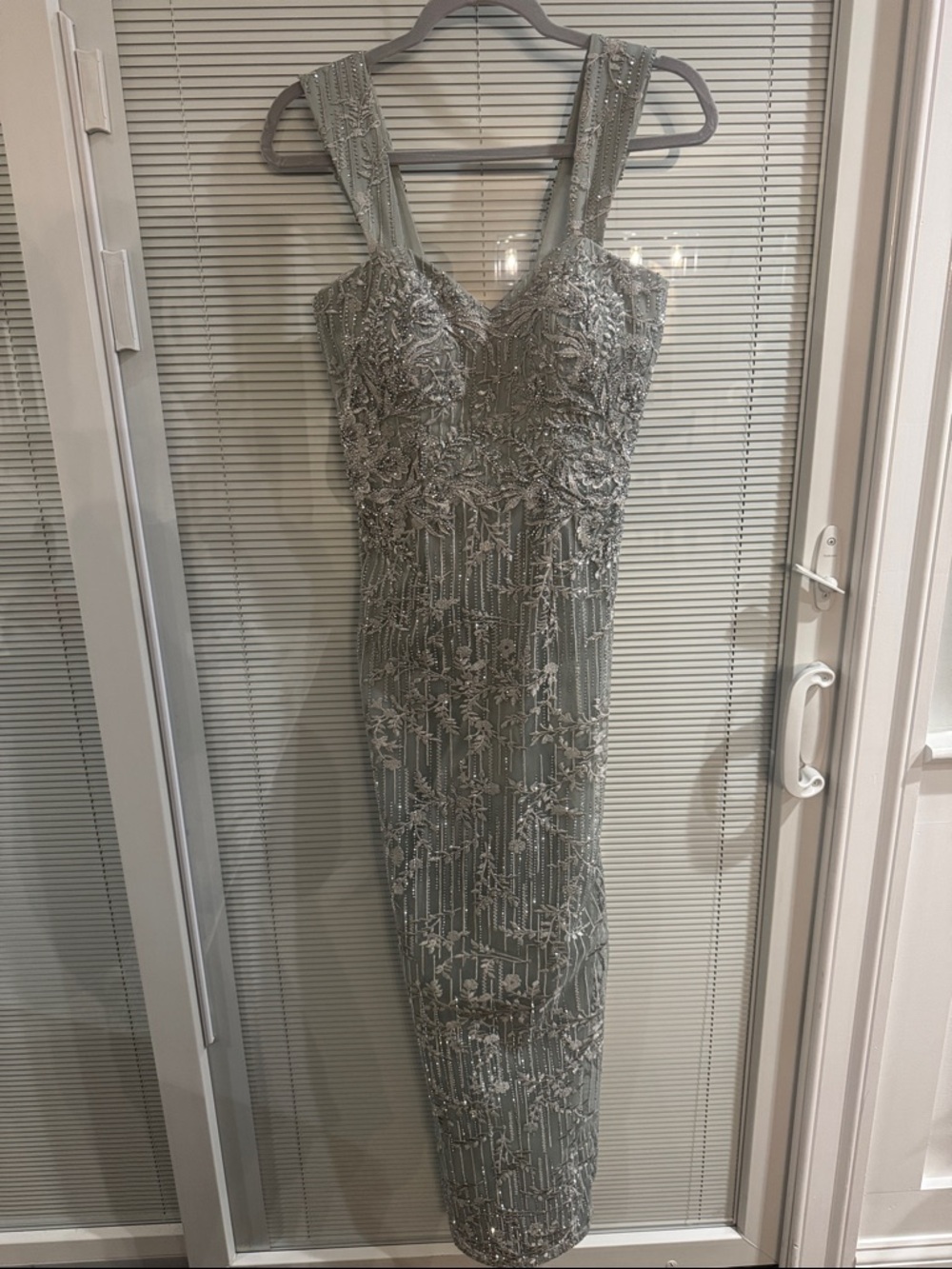 Montage by Mon Cheri Silver Beaded Sheath Evening Dress